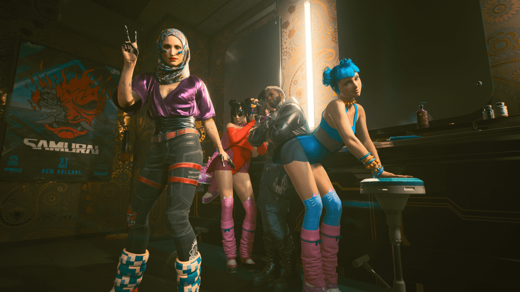 Cyberpunk's V, looking cool in her moon boots!